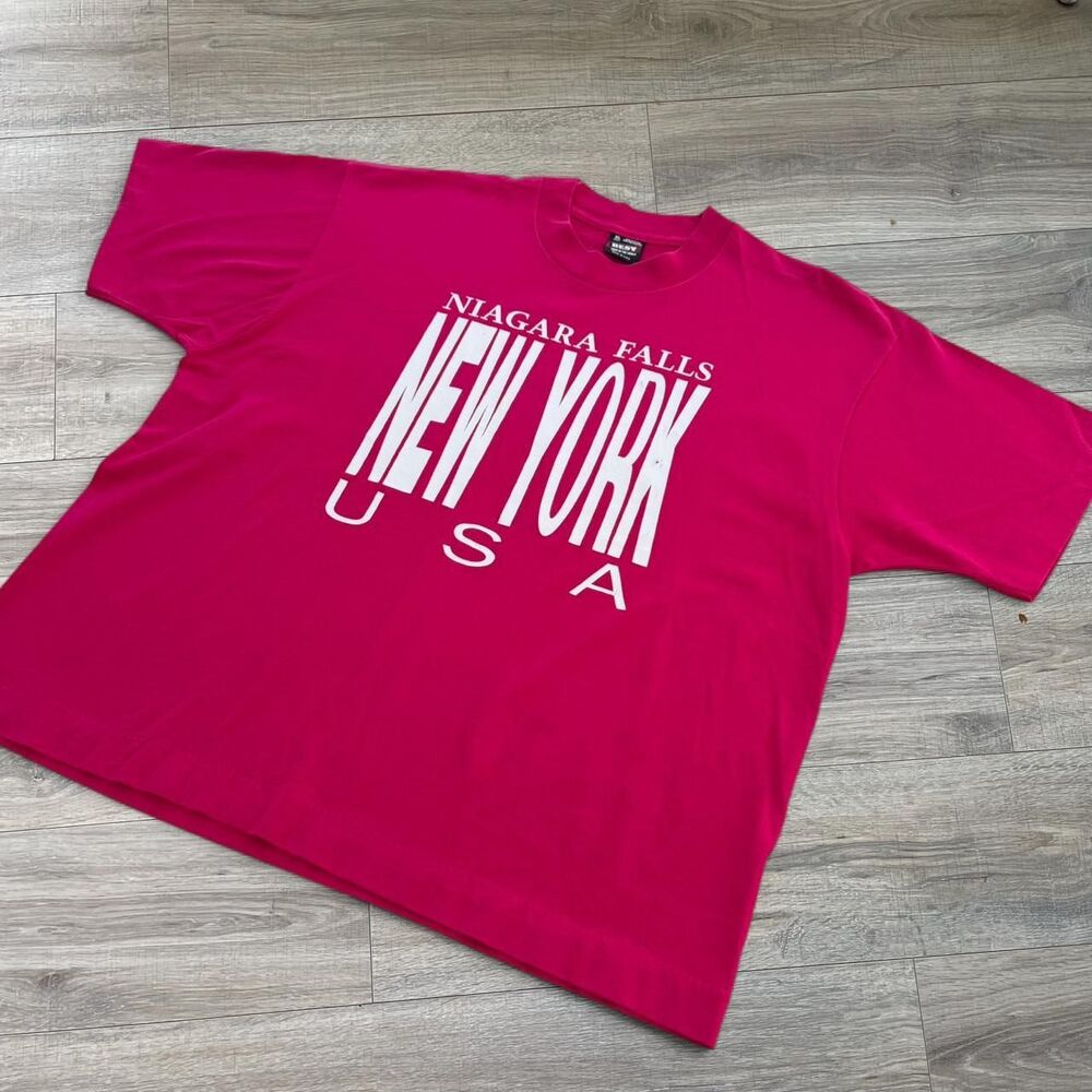 VTG 90s Niagara Falls New York USA T Shirt Women's XL Pink & White Single Stitch
